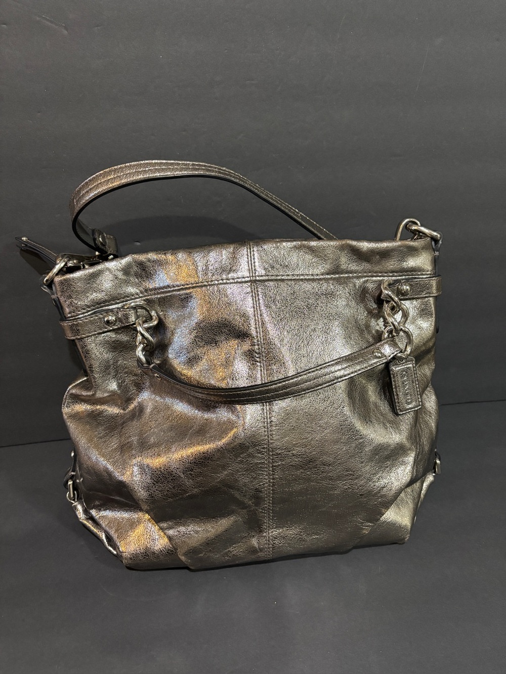 Coach Brooke Hobo Metallic Pewter Silver Leather Slouchy Shoulder Bag Purse
